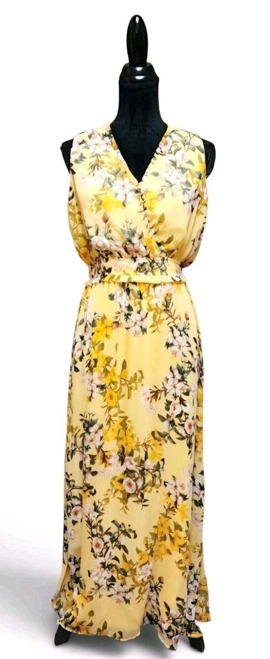 London Times Women's Size 10 Yellow Sleeveless Maxi Faux-Wrap V-Neckline Dress